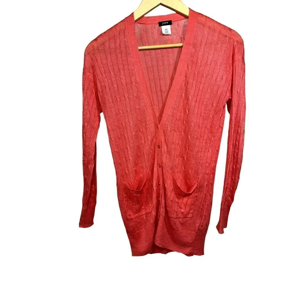 J. CREW Women's Button Front Long Sleeve Cable Knit Linen Cardigan Orange XXS